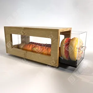 अनन्य डिजाइन अत्यधिक पारदर्शी कस्टम एक्रिलिक बेकरी रोटी प्रदर्शन पेस्ट्री भंडारण बॉक्स बांस दराज के साथ