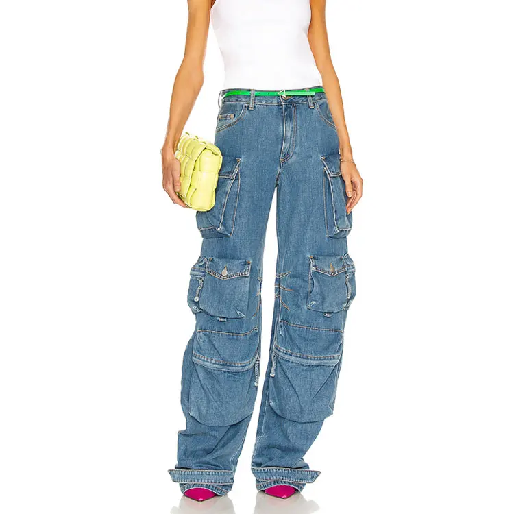 custom big pocket wide leg pants autumn new products jogger pants slim straight leg long trousers low waist women denim jeans