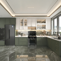 Cuisine moderne de luxe avec armoires à portes vitrées éclairées par LED, rangement modulaire, ensemble complet sur mesure pour villa haut de gamme