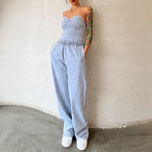 <span class=keywords><strong>Jean</strong></span> à jambe droite pour femme, ensemble de <span class=keywords><strong>Top</strong></span> et pantalon en <span class=keywords><strong>Jean</strong></span> bleu, sans déchirure, collection printemps 2023 - Product Image 6