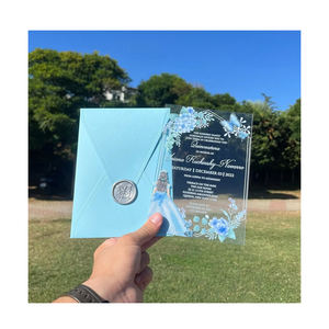 Tarjeta de invitación de boda de acrílico transparente elegante de lujo floral azul cielo Tapa dura única al por mayor con sello de cera - Product Image 1