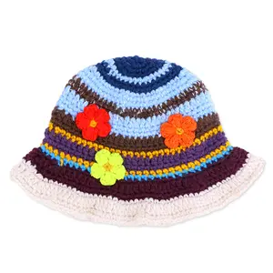 Kustom Tebal Hangat dengan Patch Rajutan Wanita Pola Kepingan Salju Kabel Rajutan Topi Ember Crochet Mewah Beanie