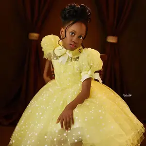 <span class=keywords><strong>Chic</strong></span> jaune fleur fille robes col haut à manches courtes princesse Tulle petites filles fête d'anniversaire <span class=keywords><strong>robe</strong></span> de reconstitution historique - Product Image 2