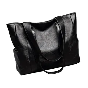 Sıcak satış rahat geniş kayış siyah Pu deri bayan çantası omuzdan askili çanta kadınlar için