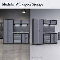 Armoire à outils d'atelier commerciale avec établi, tiroirs de rangement modulaires, armoires supérieures et compartiments verrouillables