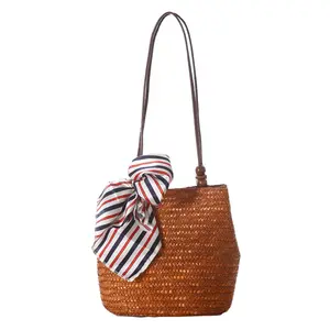 Wholesale Shoulder Messenger Bag Straw Crochet Handwoven Beaded Silk Scarf Beach Handbag For Women With Magnetic Buttons