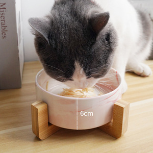 Comederos de cerámica para mascotas con soporte de madera antideslizante para comida y agua para gatos. - Product Image 4