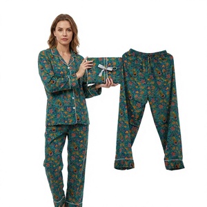 Ensemble de pyjama élégant et luxueux pour femmes, imprimé, 100% coton, manches longues, boutons sur le devant, classique, automne, longueur complète, doux, respirant, séchage rapide - Product Image 1