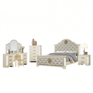 Set Camera da Letto Jasmine Queen Size con LED, Mobile in Legno Beige, Arredamento Moderno Contemporaneo - Product Image 1