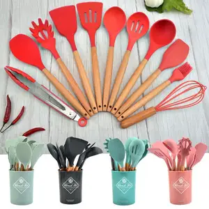 11 Pieces Silicone Đồ Dùng Nhà Bếp Bằng Gỗ Xử Lý Sử Dụng Đồ Dùng Nhà Bếp Đồ Dùng Nhà Bếp Bộ Đồ Nấu Nướng