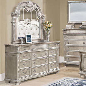 Juego de Muebles de Dormitorio con Cama Tufted Sleigh, Cómoda, Mesita de Noche y Cajonera, con Detalles Ornamentados y Tallados, Estilo Glamuroso Vintage - Product Image 4