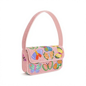 Bolso de Mano Rectangular con Diseño de Mariposas, Perlas de Vidrio, Color Rosa, Bonito y Elegante, Bordado, Duradero, Textil de Algodón Colorido - Product Image 1