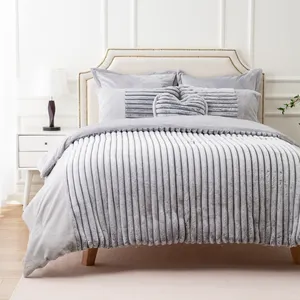 Luxury Super Soft Striped Fuzzy Faux Fur Comforter Set Warm Milky Plush Allergy Duvet Cover for Bedroom