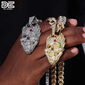 Hip Hop Miami Cuban Chain Jewelry CZ Rhinestones Devil Skull Pendant Necklace for Men Gift