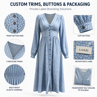 Robe midi col en V à marque privée, fabrication OEM ODM, manches bouffantes, boutons sur les poignets, fente avant, taille élastique et froncée à l'arrière