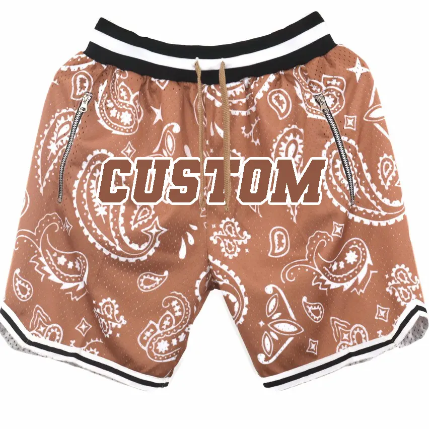 Custom Paisley printed vintage bandana cropped fit polyester mesh basketball shorts for man