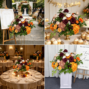 Rosas y Hortensias Artificiales de Seda en Color Naranja Quemado y Borgoña Realistas para Decoraciones de Bodas y Regreso a Clases - Product Image 2