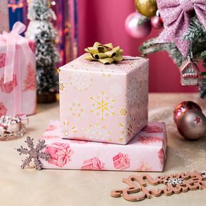 Reversible Christmas <b>Wrapping</b> <b>Paper</b> Roll 17x33 Feet Pink Gold Snowflake Tree Design Gift Craft Use - Product Image 6