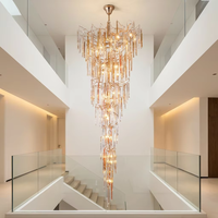Lustre pour escalier à haut plafond, long luminaire suspendu en verre cascade, style branche d'arbre dorée de luxe, pour hall de villa