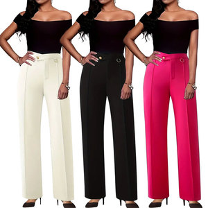 2358 grossistes élégant femme Pleater pantalon bureau dame rose solide mince droite taille haute femmes pantalon à jambes larges - Product Image 5