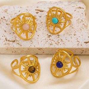 Anillo de Acero Inoxidable Abierto con Bisel de Estrella de Ocho Puntas Retro Europeo-Americano, con Piedra Natural, Joyería de Moda Unisex, Regalo - Product Image 2