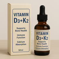 Gouttes de L-Méthylène Bleu pour la Santé avec Étiquette Personnalisée pour Adultes, Gouttes de Molène, Vitamine D3+K2