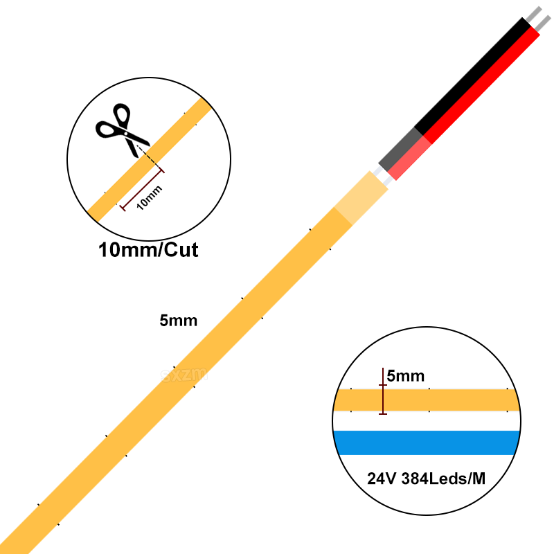 SXZM Super Bright Tira COB LED Strip Light Ultra-Thin 5mm 384Leds/m 12V 24V High CRI RA>90 Landscape PVC Cuttable