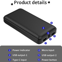 Batterie externe portable ultra-mince 20000 mAh Li-Polymère à double port USB, charge rapide, chargeur de voyage avec interfaces d'entrée Type C/Micro USB
