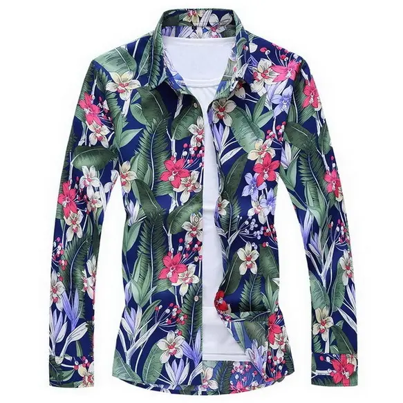 Men'S Fashions Spring Clothes Shirt Long Sleeves Big Size Hawaiian Beach Casual Floral Shirt For Man