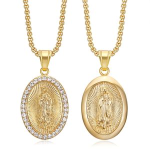 Hip Hop Religioso Titanio Acero Joyería Rhinestone CZ Blessed Saint Hail Virgen María Colgante Collares - Product Image 1