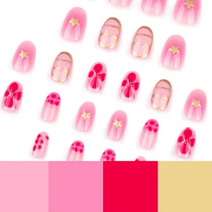 Ongles courts et ronds Y2K mignons, motif fleur et étoile, 24 pièces, fabriqués à la machine, à presser, détachables avec colle - Product Image 2