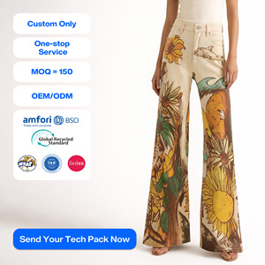 SHENGFU Jeans de mezclilla estampados estilo western para mujer, cintura alta, pierna ancha, gráfico de girasoles, vintage, bohemio, corte acampanado, casual, ropa de calle - Product Image 1