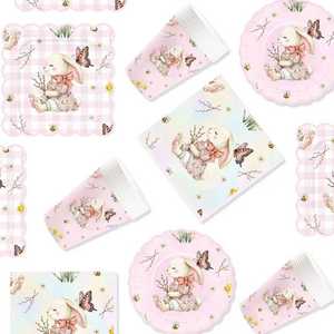 DAMAI - Vajilla de Papel para Fiesta de Pascua, Platos, Vasos y Servilletas con Diseño de Conejo Rosa y Flores Primaverales, para 8 Personas - Product Image 4
