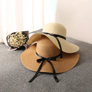 Женская соломенная шляпа с широкими полями, летняя пляжная шляпа, складная шляпа от солнца, коричневая, романтическая, винтажный стиль