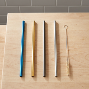 Reusable <b>Metal</b> Drinking <b>Straws</b> Set of 4 with Cleaning Brush Blue Gold Black Silver Minimalist Bar Accessories - Product Image 4