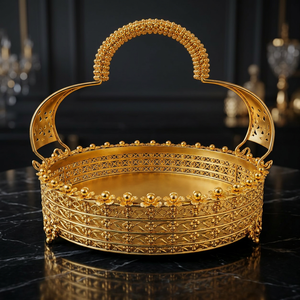 Polished Gold Metal Modern Plant Pattern Handmade Round Gift Hamper <b>Basket</b> Serving <b>Tray</b> Handle for Food Drink Hotel Gift Packing - Product Image 1