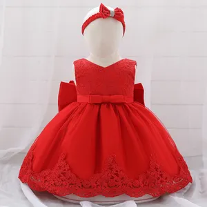 MQATZ Flower Girl Baby Dress abito da principessa con fascia in pizzo con fiocco rosso abiti da festa per bambini abiti da compleanno