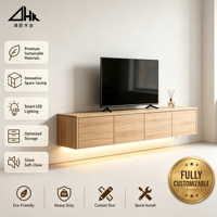 Meuble TV mural flottant en bois avec éclairage LED intégré, console multimédia à tiroirs multiples, meuble TV mural pour salon