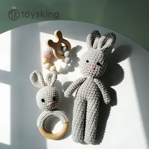 Newborn Shower Gift Set Box Souvenir Baby Cotton Rattle Teething Baby Silicone Wooden Crochet Bunny Toy Set