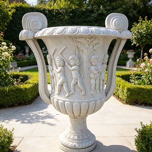 Urne de jardin en marbre noir sculpté de style européen avec doubles poignées, grande urne vintage sculptée de style romain pour aménagement extérieur de villa - Product Image 6