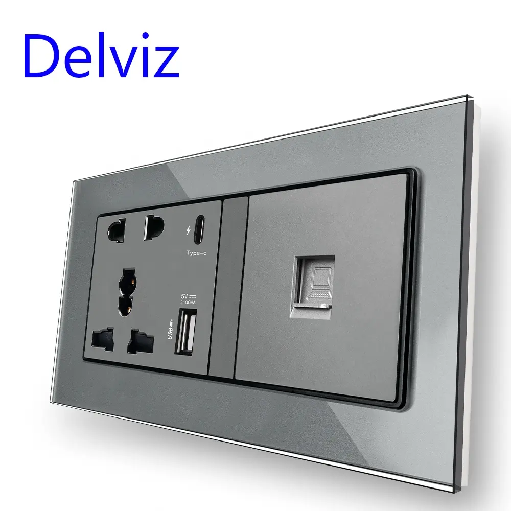 Delviz Wall 2A USB port Universal 16A Power Outlet Crystal glass Panel  Type C Smart Quick Charge RJ45 Computer interface Socket