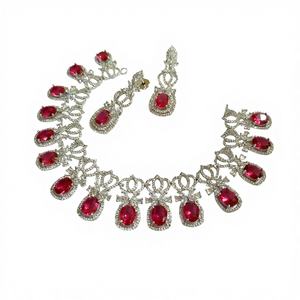 Ensemble collier et boucles d'oreilles pendantes classiques en cristal rouge, plaqué argent, bijoux de mariée pour mariage - Product Image 1