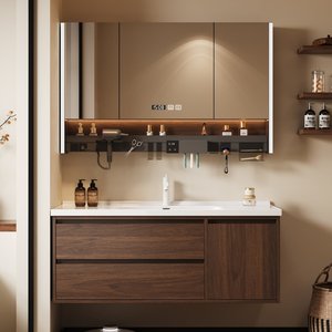 Walnut wood skeleton lion door panels bathroom cabinet set with LED smart mirror cabinet wash basin washbasin - Product Image 5