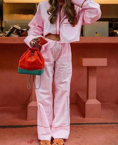 Ultimo Stile di Pantaloni Larghi e Comodi con Gamba Ampia e Completi Casual <span class=keywords><strong>Oversize</strong></span> per Donne, Set Due Pezzi con Camicia Corta con Bottoni - Product Image 1