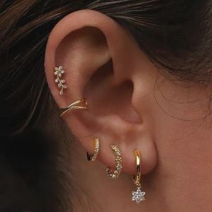 Gold Plated Ear <b>Cuff</b> Hoop <b>Earrings</b> Set for Women Crystal Flower Charm Multiple Piercing Korean Jewelry - Product Image 3