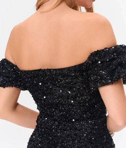 Bestseller Damen Einfarbiges Gewebtes Schwarzes Paillettenkleid mit Schulterfreiem Design, Strass-Gürtel, Figurbetontes Formelles Abendkleid - Product Image 3