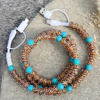 Câble de charge rapide pour téléphone portable 4-en-1 USB avec perles turquoise et imprimé léopard pour les fêtes