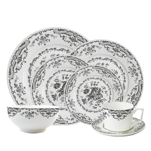 Service de table vintage noir à motifs floraux en céramique, vaisselle de luxe en porcelaine fine pour mariage et réceptions, assiettes, bol à soupe, tasse à thé et soucoupe - Product Image 6