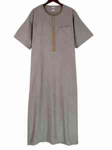 <b>Men's</b> Cream Short Sleeve Embroidered <b>Thobe</b> Cotton Ankle Length Casual Daily Wear Middle East Style - Product Image 3