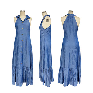 Abito lungo da donna estivo casual, tinta unita, senza maniche, con collo all'americana, monopetto, orlo arricciato, fluido e ampio, con arricciature, Sehe Fashion - Product Image 4